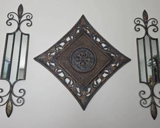 3Piece Ornate FleurdeLis Metal Wood Wall Decor Mirror Set