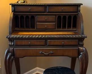 06 Secretary Desk, Stool And Brass Lamp