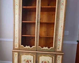 French Country Style Hutch With Wire Front Foral Painted Motifs