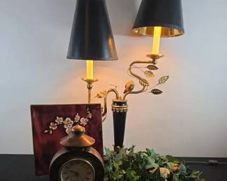 Elegant Black Gold Home Decor Collection Double Lamp, Mantel Clock Decorative Accents