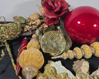 Large Collection DesignerStyle Red Gold Christmas Ornaments, Angels, Birds Floral Picks