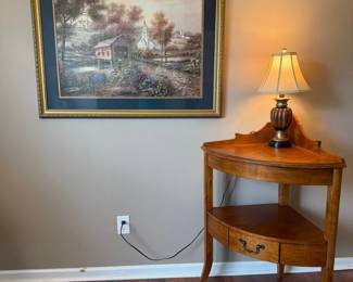 framed art print of Razzberry Creek Crossing by artist Carl Valente, Tall Corner Stand Small Lamp