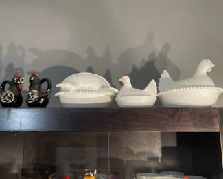 Indiana Glass Co Milk Glass Nesting Hens and Redware Rooster Shakers