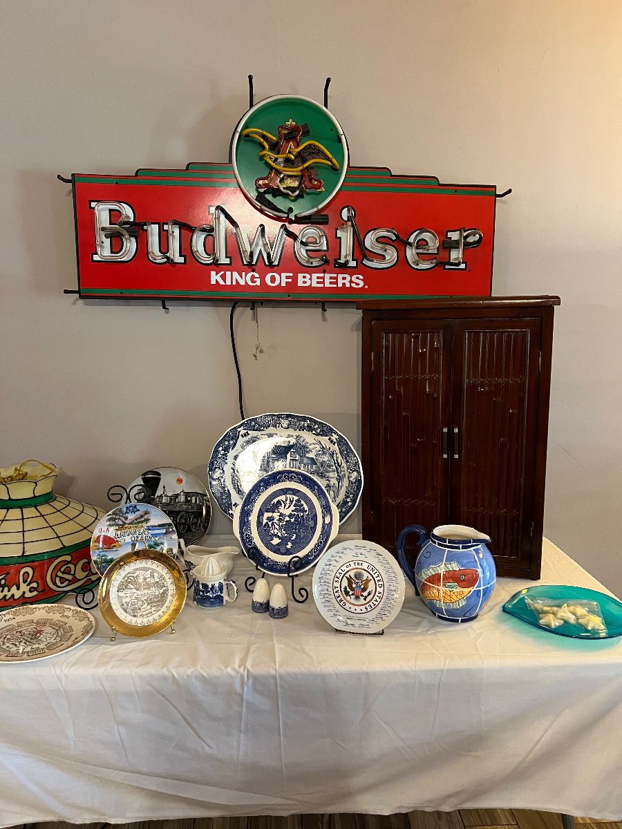 Neon Budweiser Sign (needs repair), Wall Mounted Jewelry Cabinet