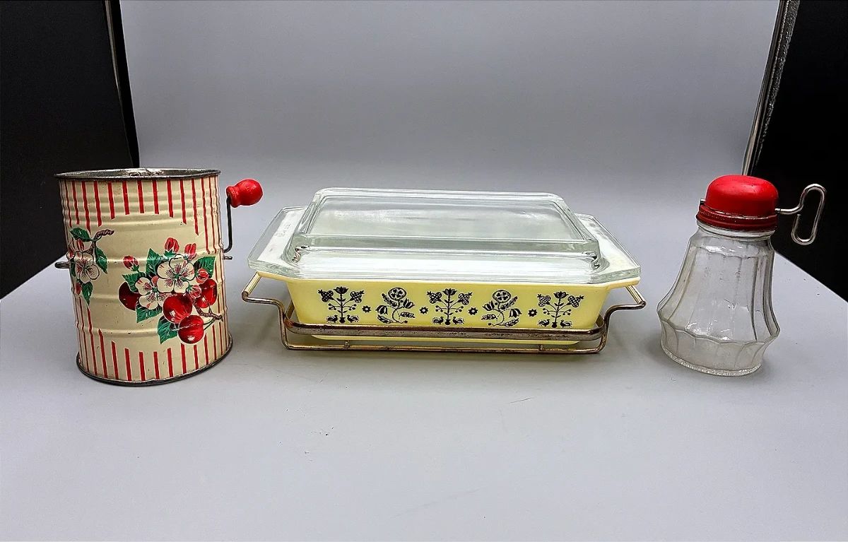 Pyrex Black Needlepoint Space Saver Casserole Dish, Vintage Flour Sifter & Vintage Nut Grinder