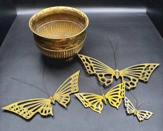 MCM Brass Butterflies And A Brass Cachepot Planter