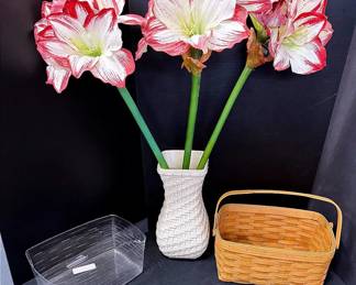 Longaberger Lined Basket And Longaberger Pottery Vase With Jumbo Flowers