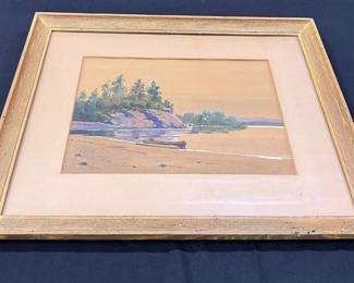Framed Watercolor Beach Boat And Landscape Signed Lamont