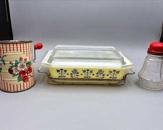 Pyrex Black Needlepoint Space Saver Casserole Dish, Vintage Flour Sifter & Vintage Nut Grinder