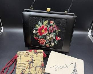 Vintage Purses Featuring An Original by Caprice Needle Point & Black Leather Handbag