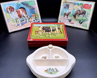 Vintage Puzzles And Baby Food Dish