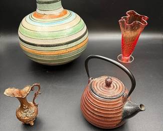 Four-piece Decorative Art Lot Featuring A Japanese Cast Iron Painted Teapot