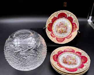 Waterford Crystal “Glandore” Rose Bowl And Royal Vienna Style Cabinet Plates