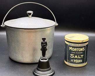 Wagner Aluminum Kettle With Lid, Morton’s Salt Collectible Tin, & A Cast Iron Hand bell