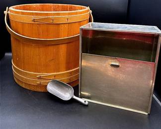 Vintage Primitive Firkin Wood Bucket With Divider, Metal Bread Box, & Aluminum Utility Scoop