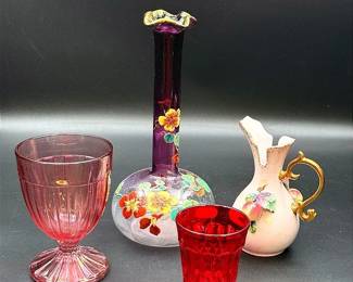 Charming Collection Of Vintage Glassware Featuring A Heisey Pink Glass Goblet