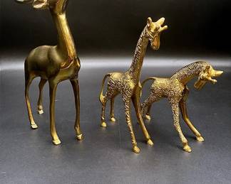 Vintage Brass Reindeer And A Pair Of Brass Giraffe Decorative Figuines