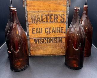Walter Brewing Crate And Four Amber Glass Bottles