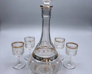 Antique Cordial Decanter And Four Small Stemmed Glasses