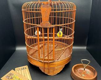 Wood Lot Featuring A Bamboo Bird Cage, A Japanese 5-piece Wood Carving Tool Kit And A MCM Nut Bowl