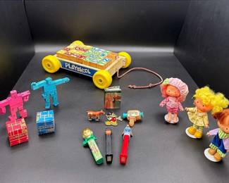 Vintage Toys And Dolls Featuring A Set Of Strawberry Shortcake Dolls & A Playschool Block Pull Wagon