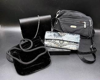 A Collection Of Small Purses Featuring A K.C. Malhan Sequin Clutch Wristlet