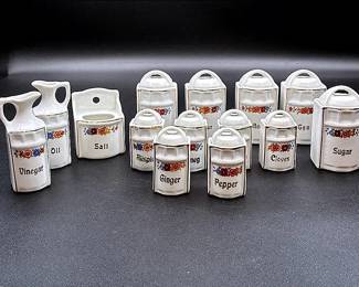 14 Piece Antique German Porcelain Kitchen Canister And Spice Set