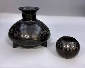 A Mexican Blackware Pottery Vessel Signed Mateos & A Small Southwestern Blackware Pottery Vessel