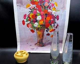 Pair Of Vintage Glass Seaweed Vases, A Yellow Camaro Pottery Flower Frog & A Cast Iron Door Knocker