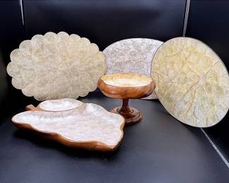 Midcentury Modern Style Capiz Shell And Wood Serving Pieces And Placemats