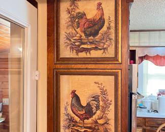 Vintage- style framed rooster wall art prints