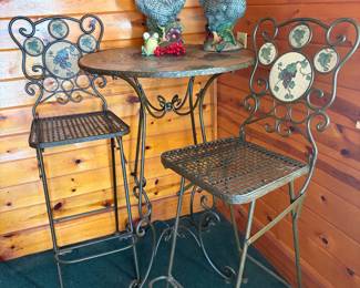 Wrought  iron bar-height bistro set, round table with two matching chairs