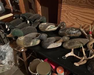 More than just ducks on the pond… wood bodies as well as cork bodies. There are a few piece decoys sitting around as well.