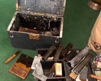 on top- vintage utilty wood box. Below - graining combs, rollers and other tools with wood box used by cabinet makers,