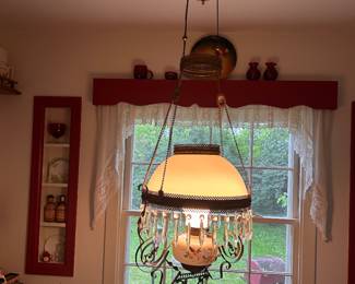 Victorian (1800s)  hanging oil lamp with prisms - electrified. 