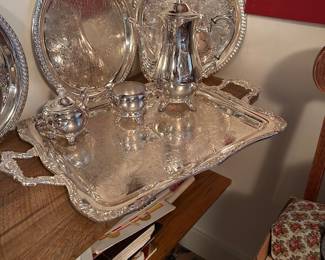LARGE Rogers silver plate serving tray w/ pitcher, salt & pepper