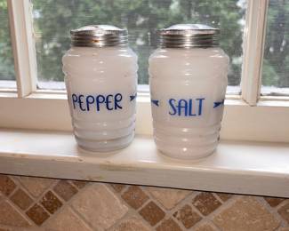 Pair of Hazel Atlas milk glass 'Beehive' salt & pepper w/ blue lettering and arrows.