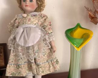 1991 Victorian doll and a beautiful Jack-in-the-pulpit Cally Lilly vase.