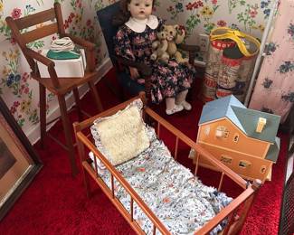 dolls, cribs, hi chairs, playhose, Tinker Toys are examples of the vintage toys for sale.