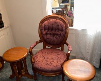 Victorian style carved wood parlor chair & two piano stools., w/ mirror on top.