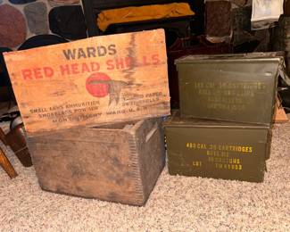  Wards Red Hen Shells wood box, metal ammo boxes.