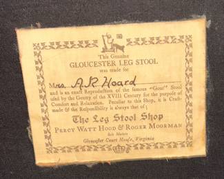 The provedence showing the GLOUCESTER LEG STOOL was custom made for (Agnes -passed away in 1955) Mrs. A. R. Hoard.