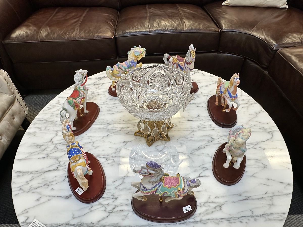 Lenox carousel horses, vintage cut crystal Hollywood regency console bowl