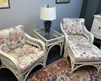 5 piece rattan furniture set, 2 chairs, ottoman, table, and loveseat 