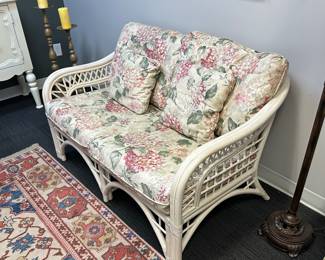 5 piece rattan furniture set, 2 chairs, ottoman, table, and loveseat 