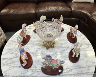 Lenox carousel horses, vintage cut crystal Hollywood regency console bowl