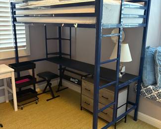 $150 blue metal lofted bed with desk below
