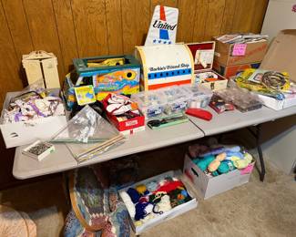 Lots of vintage Barbie items and retro toys, sewing notions, yarn