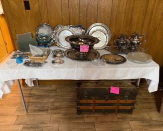 Lots of great Silverplate! Large Punch bowl with tray, and an assortment of trays and Tea Service with tray