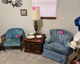 Groovy velvet blue upholstered chairs and heavy MCM Brass lamp